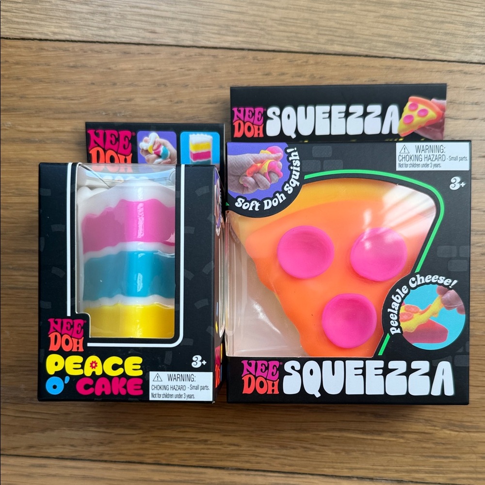 NeeDoh Squeeza Orange & Pink Pizza Squish Toy & Peace O’ Cake bundle
